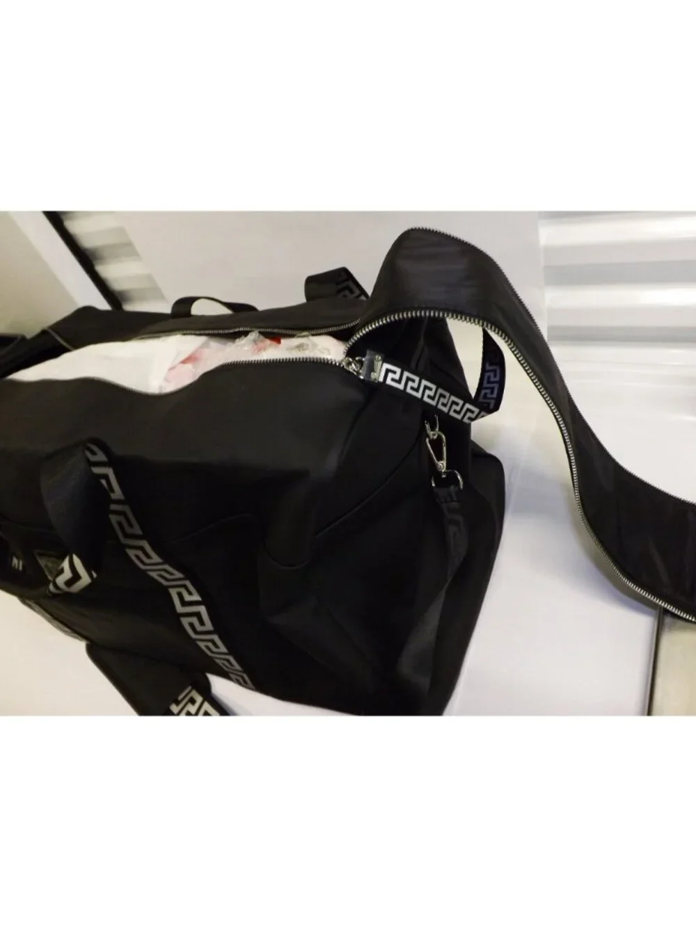 VERSACE black Overnight Duffle Bag With Strap Greek Key Pattern Weekender Bag
